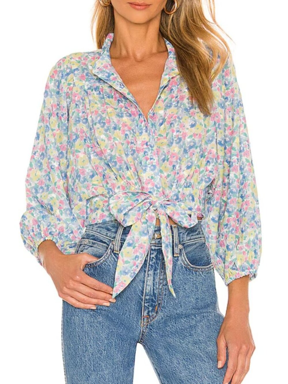 LoveShackFancy Triste Crop Top in Rainbow Blast Floral Blouse Size Large
